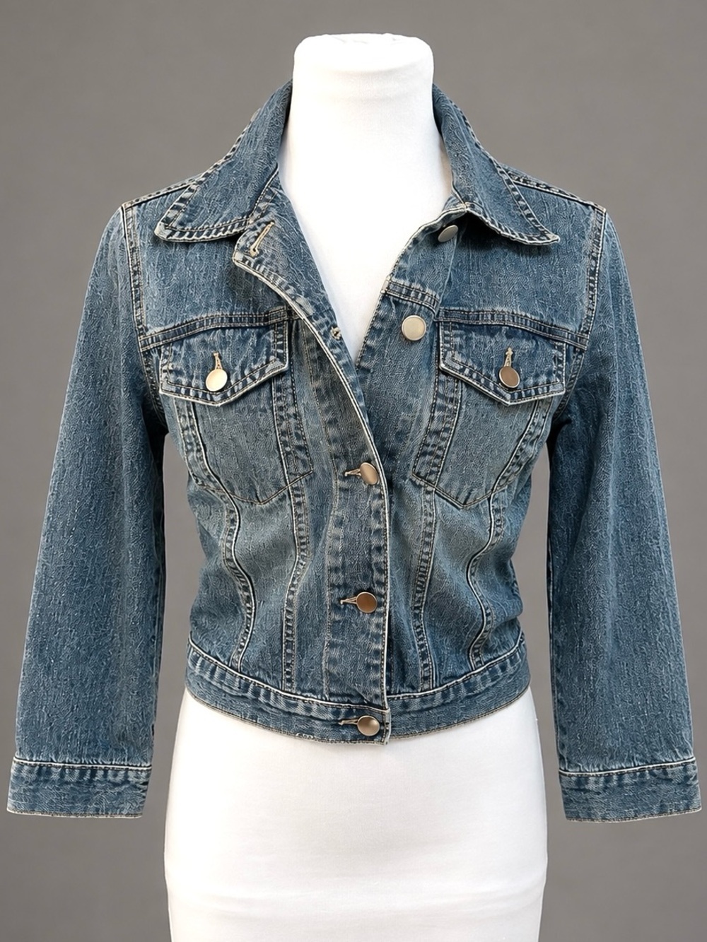VTG Bulldog Juniors S Blue Denim Cropped Jean Jacket 3/4 Sleeve